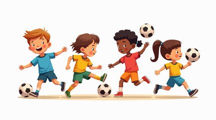 Cartoon Children Playing Soccer, Diverse Kids in Colorful Sports Uniforms