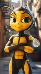 Animated bee crosses arms in town background