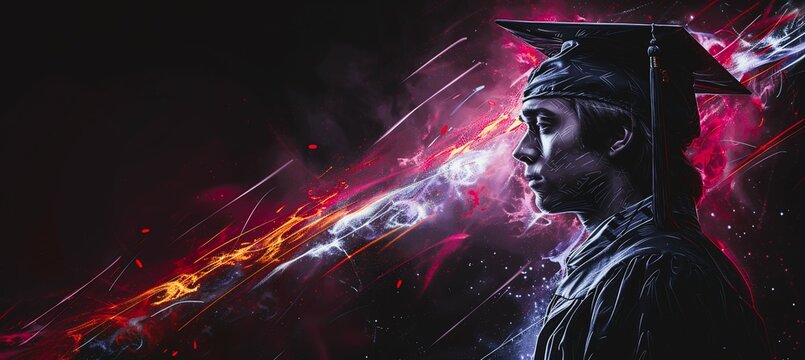 Bold outline portrait of college graduate wearing a cap and gown accented with colorful lines to emphasize pride and achievement with plenty of open areas for text or design