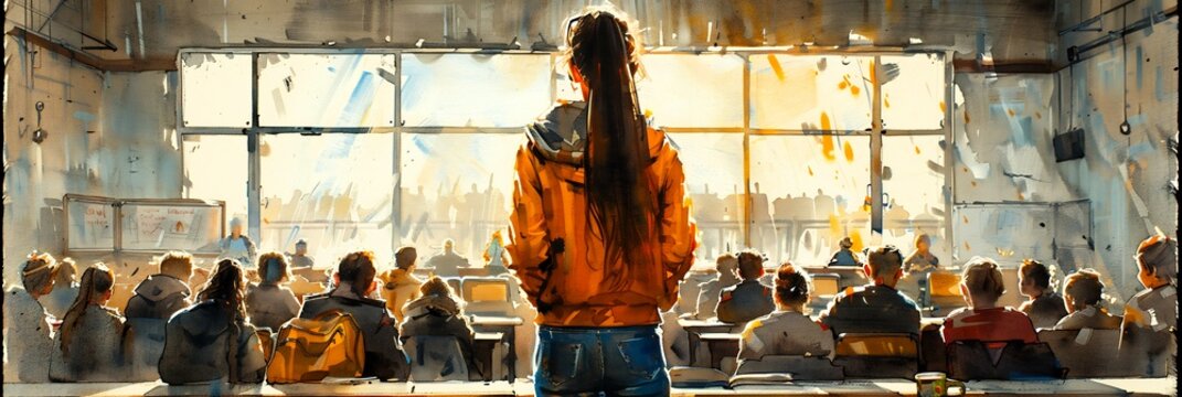 Cheerful watercolor teacher illustration standing a classroom with playful textures and warm tones offering open areas for messages about education