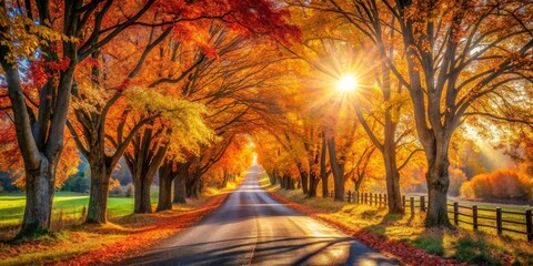 Autumnal Roadway Sunbeams Illuminate a Scenic Drive Through Vibrant Fall Foliage, Casting Golden Hues Upon the Asphalt and Surrounding Landscape
