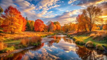Obraz premium Autumnal River Landscape Vibrant foliage reflects in tranquil waters under a colorful sunrise sky