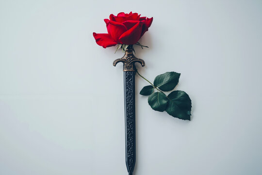 A single red rose with a sword on a white surface