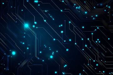 Obraz premium Abstract close-up of a glowing blue digital circuit board, showcasing intricate connections and technological design on a black background. 