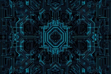 Obraz premium Abstract close-up of a glowing blue digital circuit board, showcasing intricate connections and technological design on a black background. 