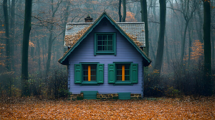Obraz premium Misty Forest Cottage in Autumn (1)