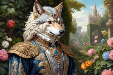 Regal wolf dressed in ornate royal attire stands proudly in a vibrant garden setting with a castle backdrop