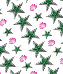 Silver, green stars and flowers Pattern design 