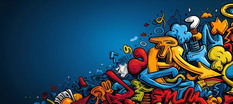 Summer vacation activities like cycling drawing traveling are depicted as lively doodles set against a bright blue sky offering plenty of room for text