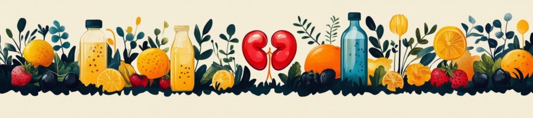 Naklejka premium A colorful arrangement of fruit drinks and wellness elements for a healthy lifestyle concept. Generative AI