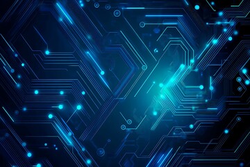 Obraz premium Abstract close-up of a glowing blue digital circuit board, showcasing intricate connections and technological design on a black background. 