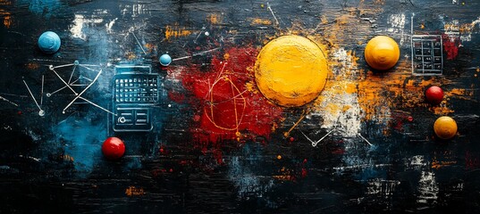 Bold inkandbrush conceptual STEM art featuring beakers math symbols paint splatters representing creativity and innovation leaving ample room for messaging