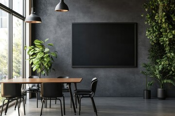 Modern classroom with an empty chalkboard. AI generated illustration.