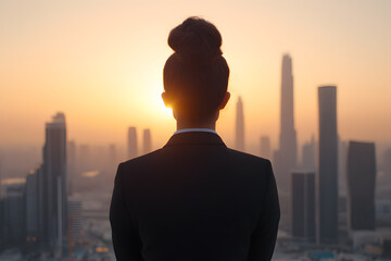Businesswoman gazes at sunrise over the city skyline, contemplating the possibilities of the future from her high-rise vantage point.