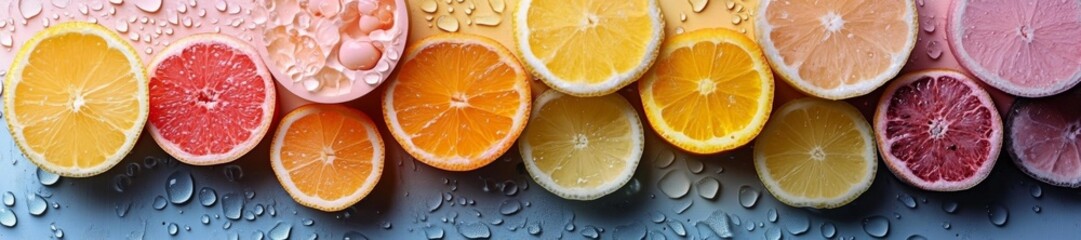 Vibrant Fresh Citrus and Fruit Slices on Water-Dropped Surface. Generative AI