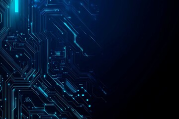 Abstract close-up of a glowing blue digital circuit board, showcasing intricate connections and technological design on a black background.
