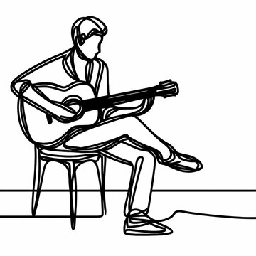 recommend clip art: A musician playing the guitar on the street, in one line black, white background
