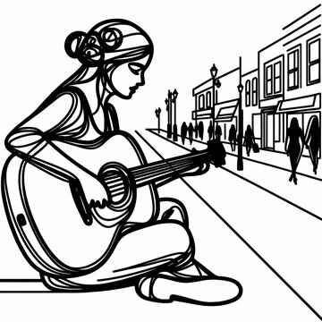 recommend clip art: A musician playing the guitar on the street, in one line black, white background