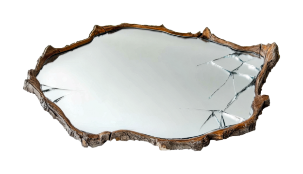 Unique wooden mirror with cracked surface, perfect for modern home decor, cut out