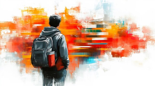 Dynamic student sketch of young learner carrying a backpack and books ready for school with blank areas for motivational messages about education