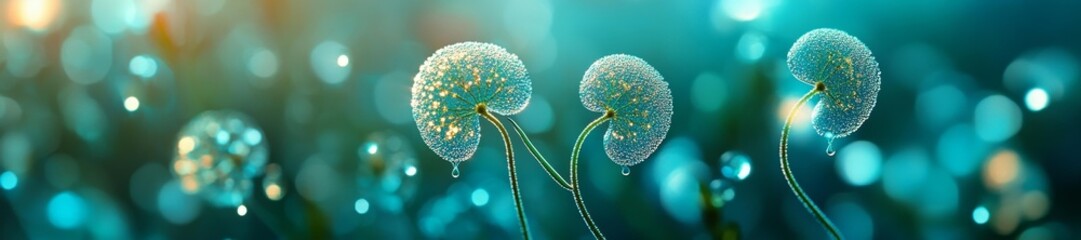 Abstract Water Droplets on Kidney Shapes with Soft Blue and Green Gradient. Generative AI