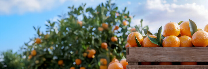 Juicy tangerines in a rustic wooden box, lush citrus trees in the background, vibrant green leaves, blue sky, organic farming, natural harvest, sustainable agriculture, fresh produce market.
