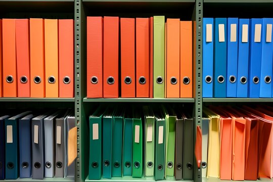 Colorful office folders neatly arranged on shelves in various hues