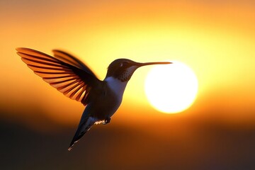Fototapeta premium Hummingbird flying at sunset with open wings, freedom and nature concept