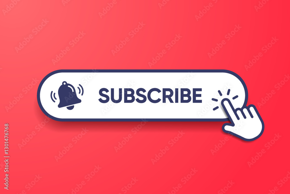 Poster Subscribe icon button, bell icon. Notification icon button and hand cursor click. Red button subscribe element for social media, marketing, channel, website, mobile app. Vector illustration eps10