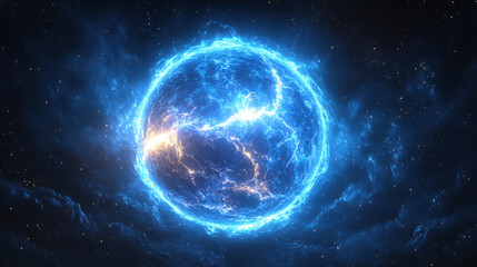 Obraz premium A glowing blue energy sphere with swirling lines and particles on black background, glowing white light emanating from the center of it.