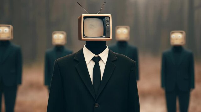 Surreal People with TV Heads in Suits Representing Mind Control and Media Influence in Foggy Forest, Dramatic and Conceptual Art with Vintage Aesthetic