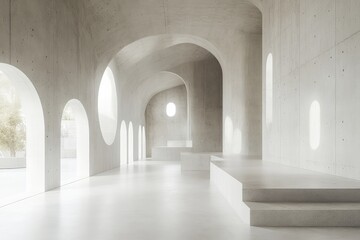 Fototapeta premium Modern concrete gallery interior with mock-up walls and white windows. AI generated illustration.
