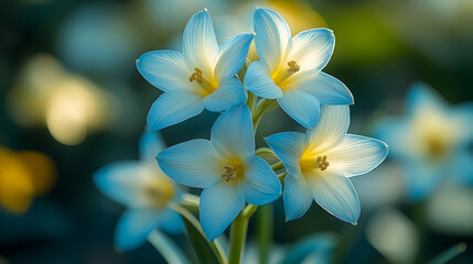 Fototapeta premium Soft-Focus Blue-White Flowers in Garden Sunlight