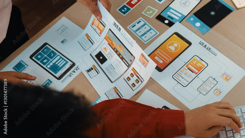 Wall mural top view panorama video of startup company employee planning on user interface prototype for mobile 