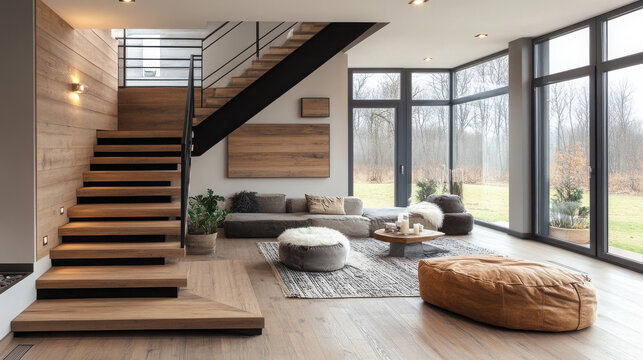 A modern indoor space featuring a floating staircase with black metal railings and wooden treads. The staircase has a sleek, contemporary design, connecting different levels of the home.