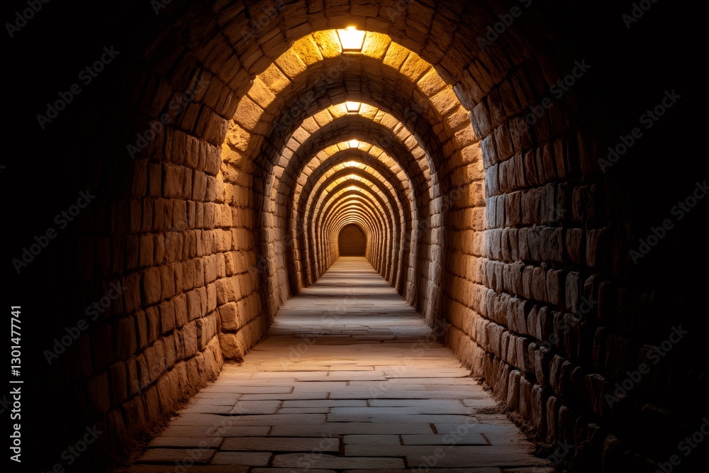 Poster stone corridor with arches and warm lighting creating a perspective effect
