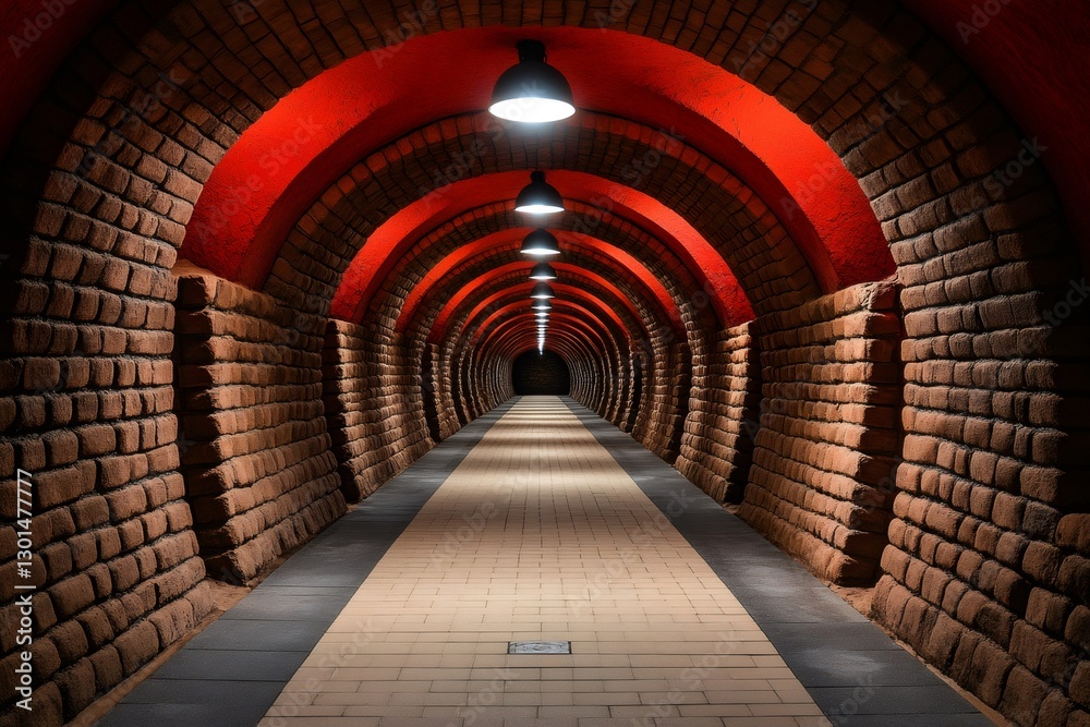 Poster long brick tunnel with red ceiling and modern lamps illuminating the way