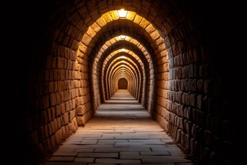 Fototapeta premium Stone corridor with arches and warm lighting creating a perspective effect