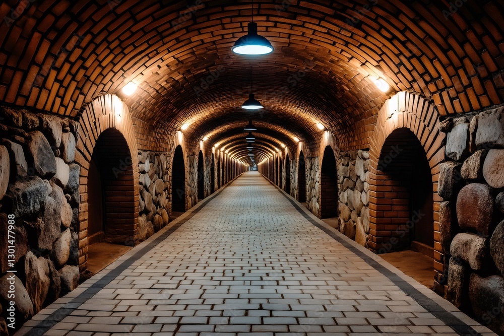 Poster Underground tunnel featuring brick arches and cobblestone path with lighting