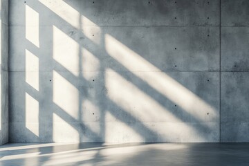 Obraz premium Modern concrete interior with sunlight and empty wall mockup place. AI generated illustration.