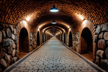Obraz premium Underground tunnel featuring brick arches and cobblestone path with lighting
