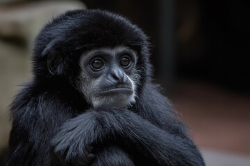 Obraz premium Young siamang gibbon showing thoughtful expression while hugging itself