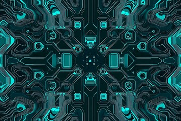 Abstract close-up of a glowing blue digital circuit board, showcasing intricate connections and technological design on a black background.
