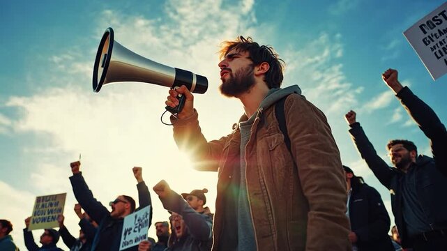Protestor speaking into megaphone, public demonstration