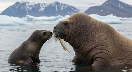 Fototapeta premium Arctic Walrus and Pup: Tender Moment in Serene Landscape