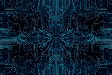 Abstract close-up of a glowing blue digital circuit board, showcasing intricate connections and technological design on a black background.
