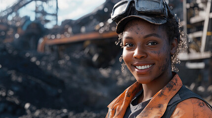 Smiling female worker in safety gear at a coal mining site, showcasing dedication amidst machinery