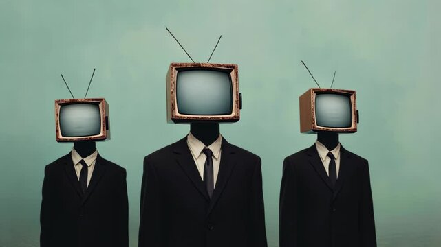 Surreal Image of Three Individuals with Television Heads Symbolizing Mind Control Through Thought Propaganda in Minimalistic Setting