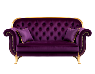 Luxury purple sofa with pillows isolated on transparent background