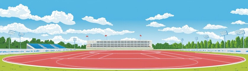Track and field stadium under a sunny sky. Sports background